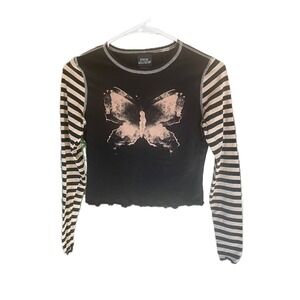 Social Collision Womens Butterfly Graphic Striped Sleeve Tee S Black Grunge Goth